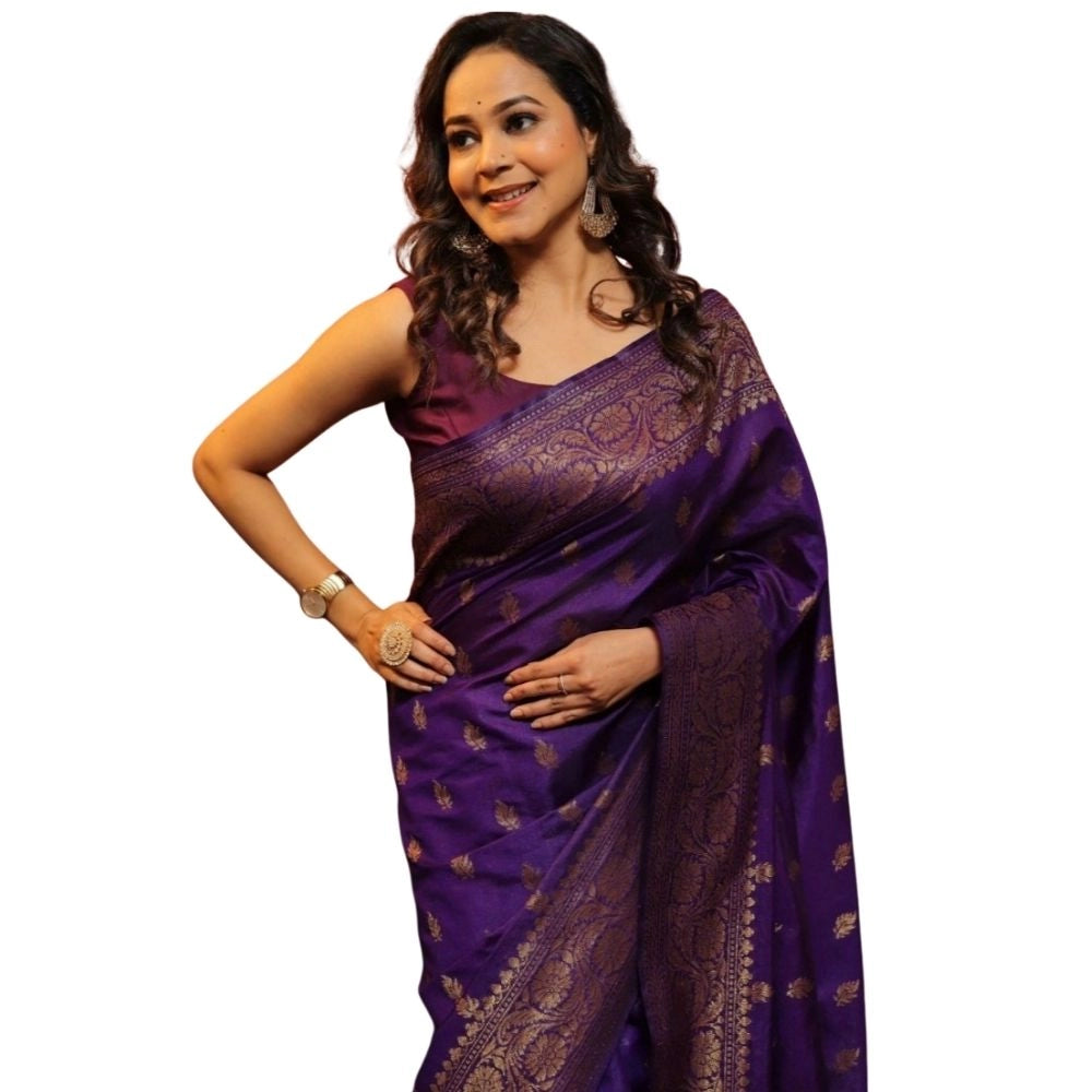 Women's Silk Printed Saree With Unstitched Blouse 5.5Mtr (Purple) - VANSHELLE