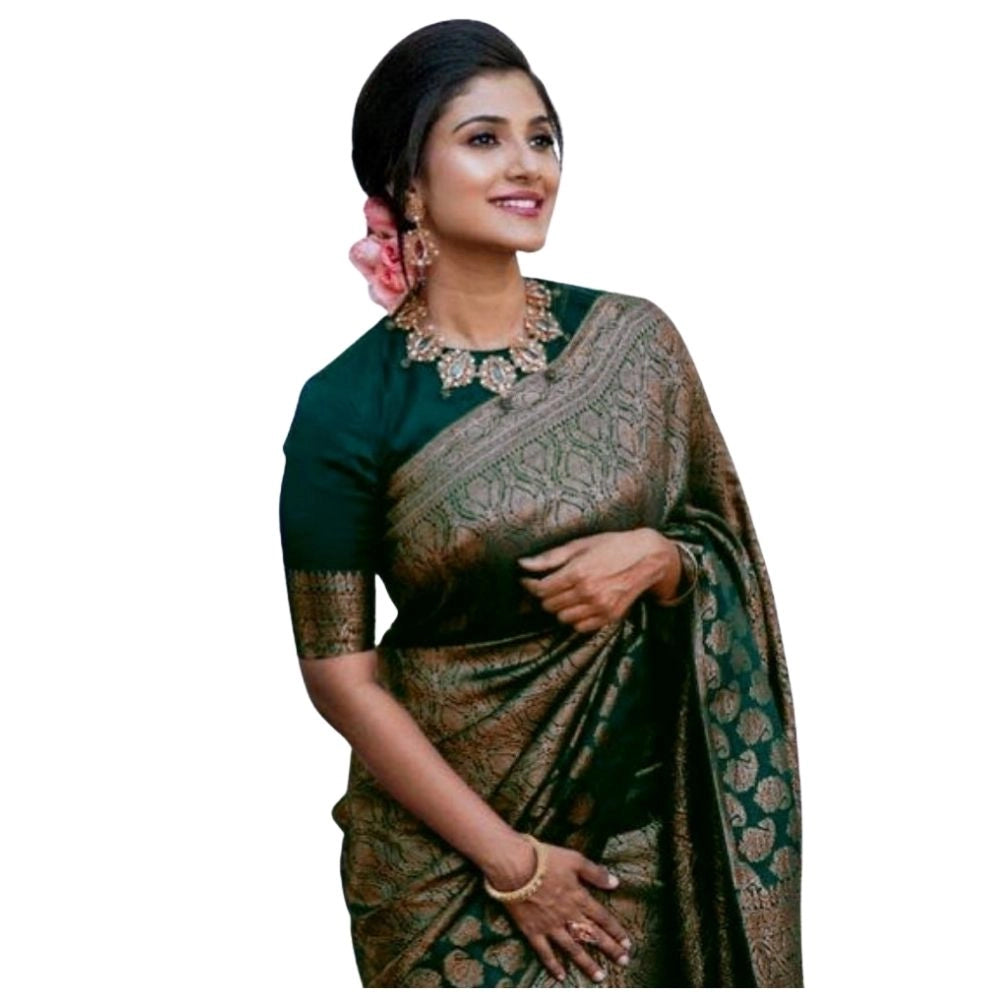 Women's Silk Printed Saree With Unstitched Blouse 5.5Mtr (Green) - VANSHELLE