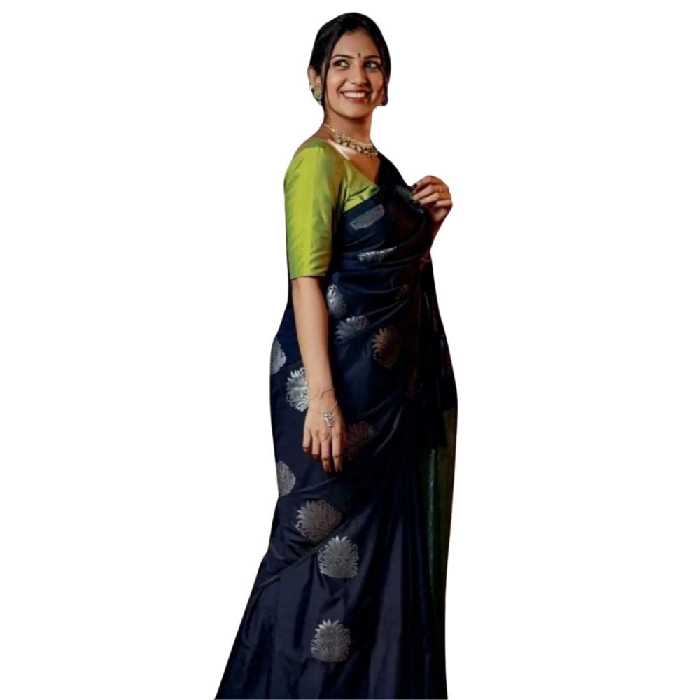 Women's Silk Printed Saree With Unstitched Blouse 5.5Mtr (Navy Blue) - VANSHELLE