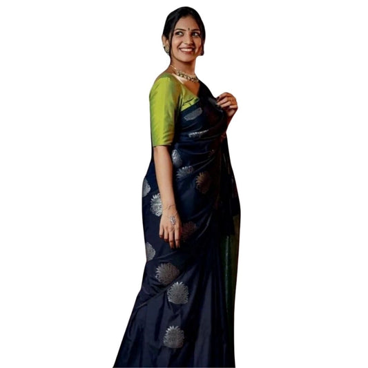 Women's Silk Printed Saree With Unstitched Blouse 5.5Mtr (Navy Blue) - VANSHELLE