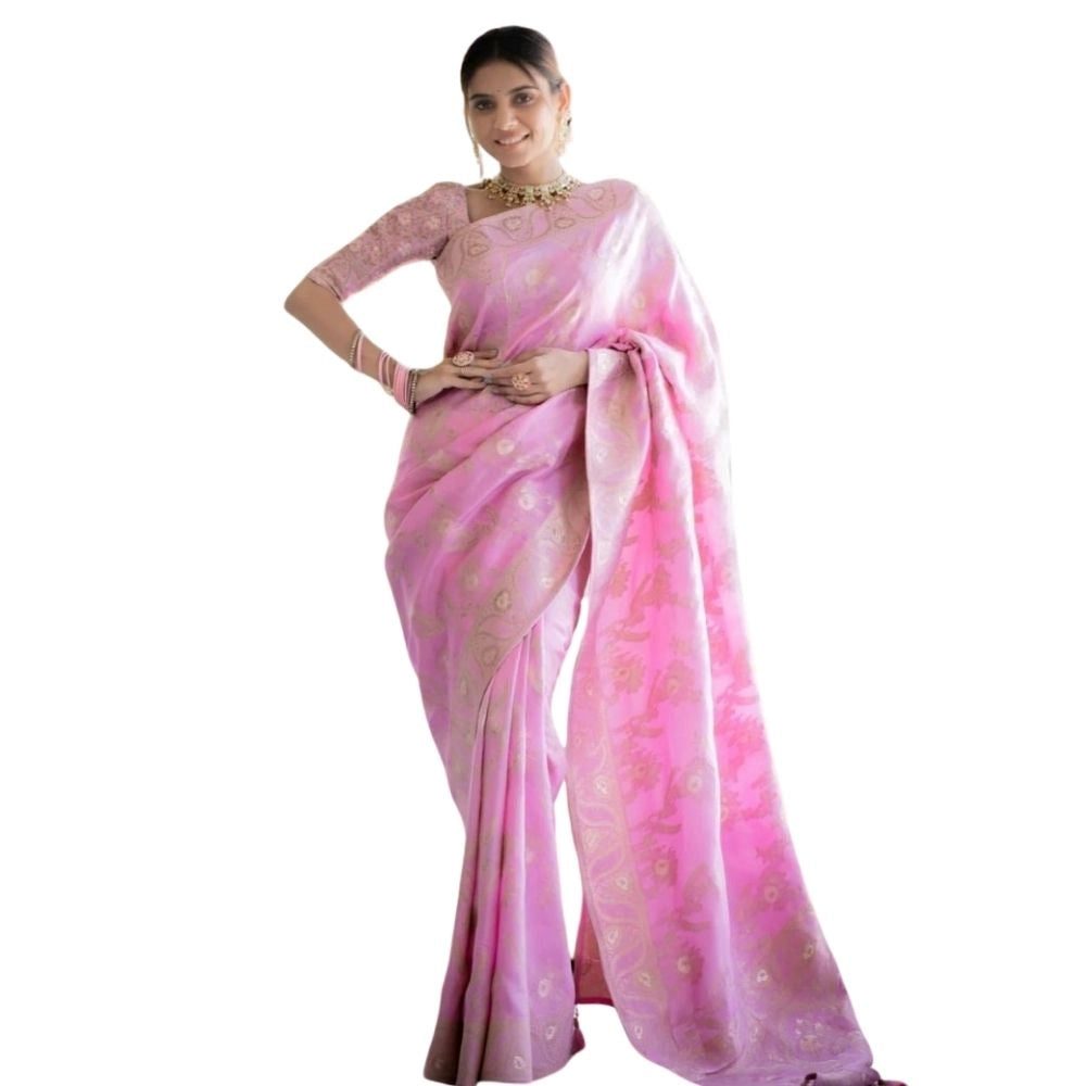 Women's Silk Printed Saree With Unstitched Blouse 5.5Mtr (Pink) - VANSHELLE