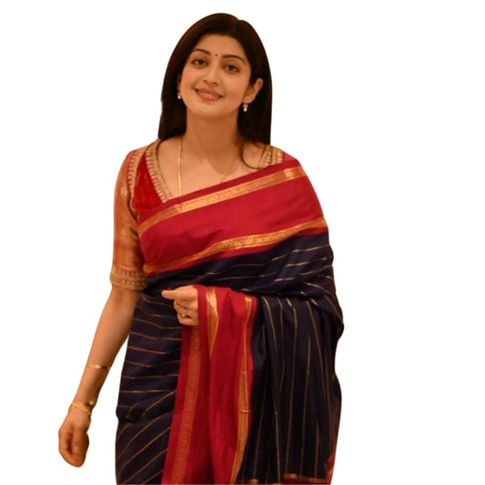 Women's Silk Printed Saree With Unstitched Blouse 5.5Mtr (Navy Blue) - VANSHELLE