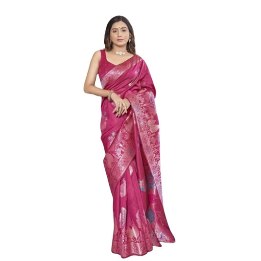 Women's Silk Printed Saree With Unstitched Blouse 5.5Mtr (Rani Pink) - VANSHELLE