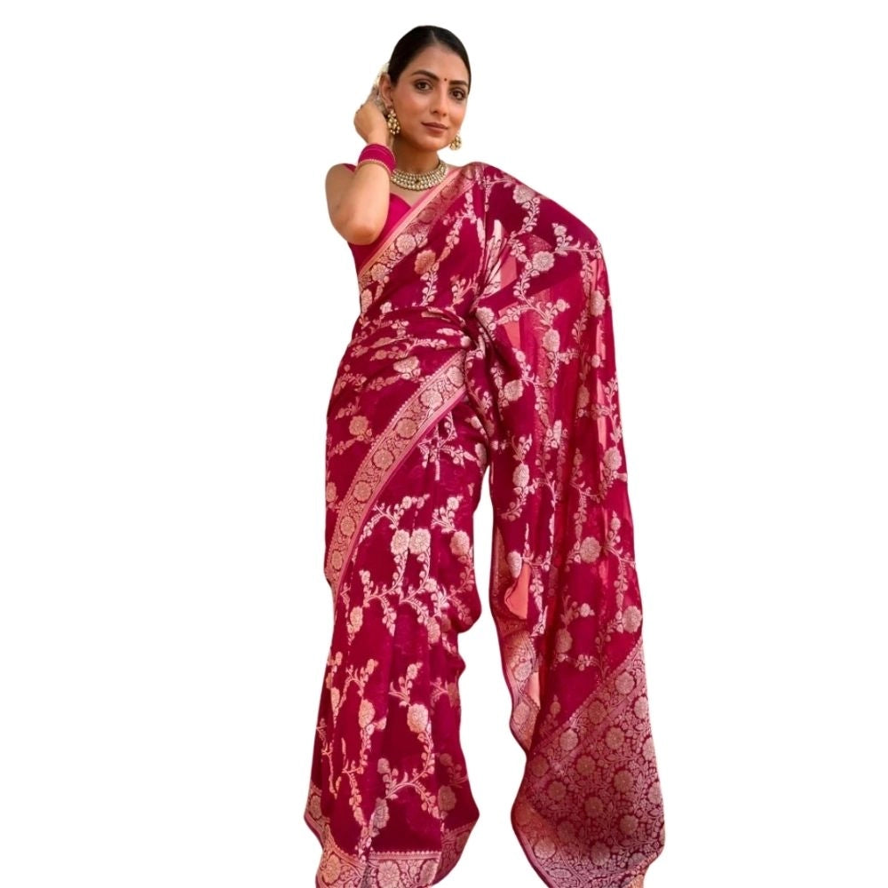 Women's Silk Printed Saree With Unstitched Blouse 5.5Mtr (Pink) - VANSHELLE