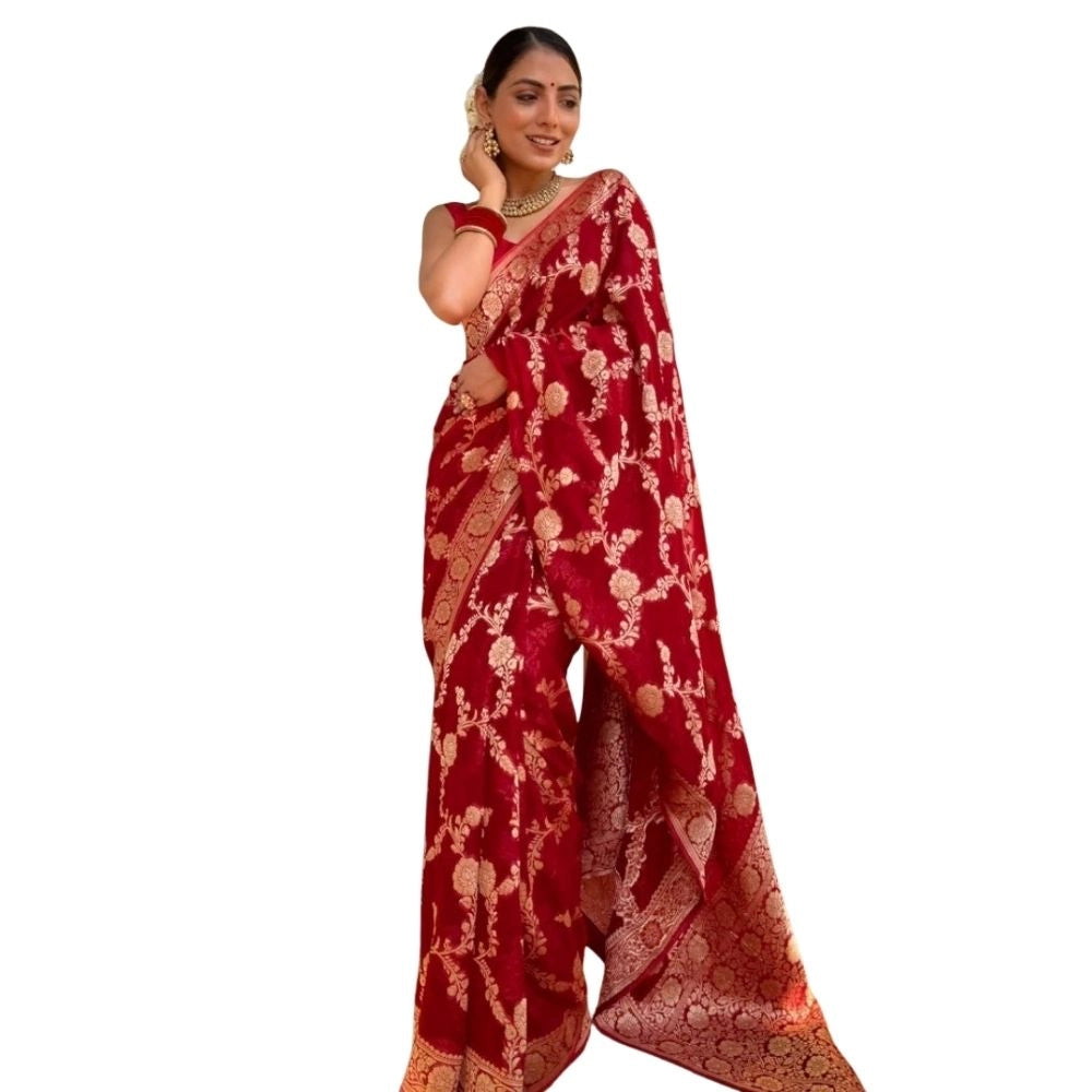 Women's Silk Printed Saree With Unstitched Blouse 5.5Mtr (Red) - VANSHELLE