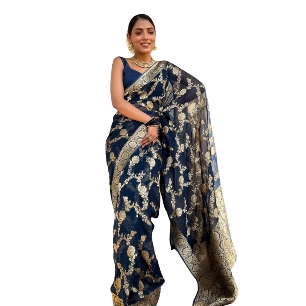 Women'S Silk Printed Saree With Unstitched Blouse 5.5Mtr (Dark