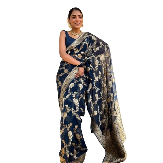 Women'S Silk Printed Saree With Unstitched Blouse 5.5Mtr (Dark