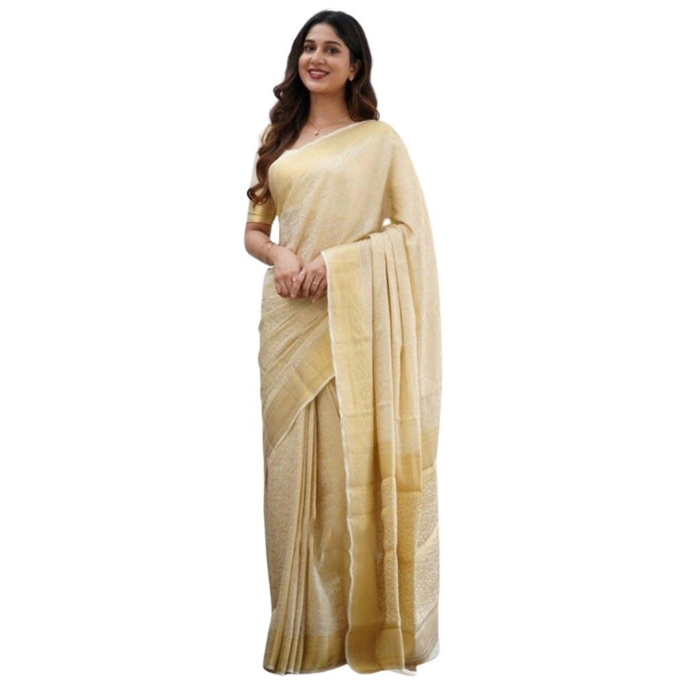 Women's Silk Printed Saree With Unstitched Blouse 5.5Mtr (Cream) - VANSHELLE