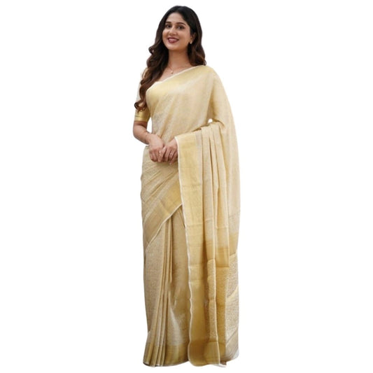 Women's Silk Printed Saree With Unstitched Blouse 5.5Mtr (Cream) - VANSHELLE
