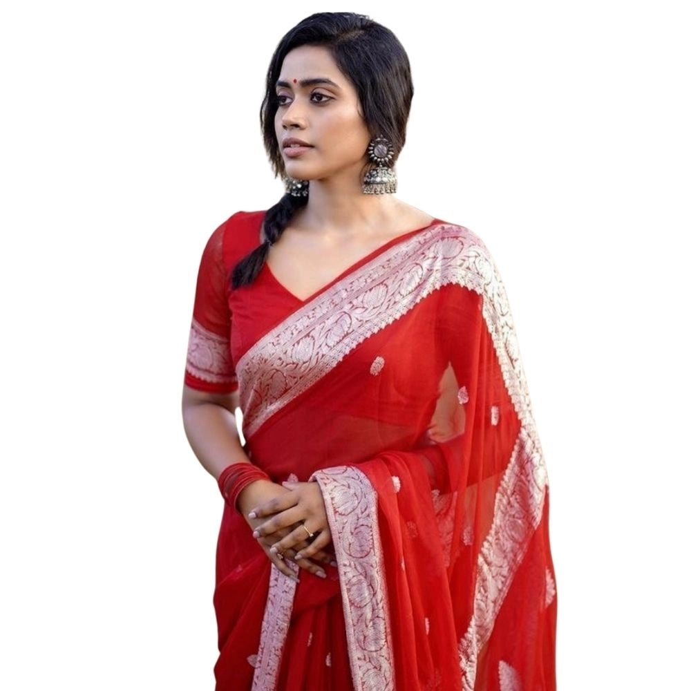 Women's Cotton Printed Saree With Unstitched Blouse 5.5Mtr (Red) - VANSHELLE
