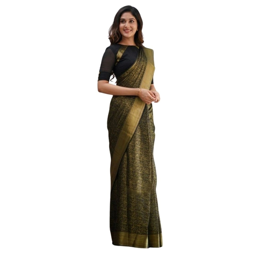 Women's Silk Printed Saree With Unstitched Blouse 5.5Mtr (Black) - VANSHELLE