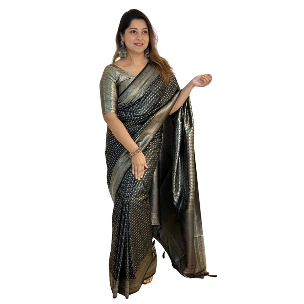Women's Silk Printed Saree With Unstitched Blouse 5.5Mtr (Black) - VANSHELLE
