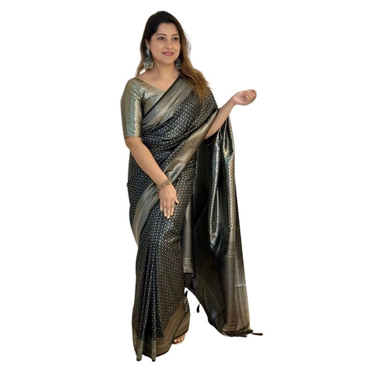 Women's Silk Printed Saree With Unstitched Blouse 5.5Mtr (Black) - VANSHELLE
