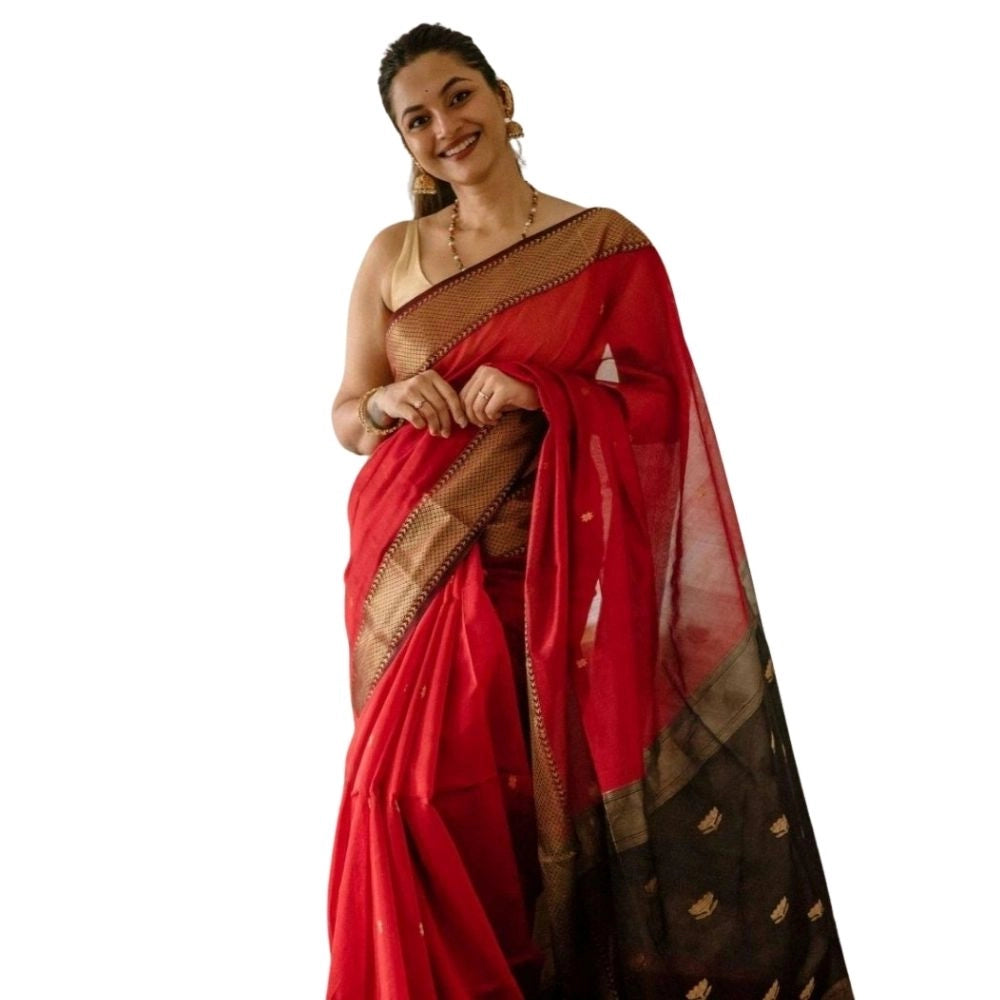 Women's Cotton Printed Saree With Unstitched Blouse 5.5Mtr (Red) - VANSHELLE