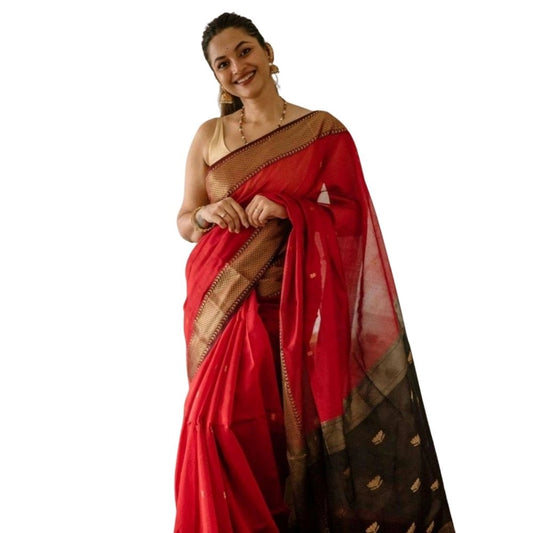 Women's Cotton Printed Saree With Unstitched Blouse 5.5Mtr (Red) - VANSHELLE