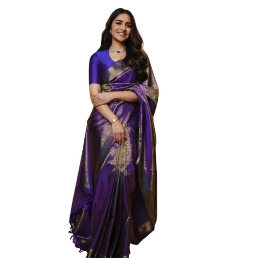 Women's Silk Printed Saree With Unstitched Blouse 5.5Mtr (Purple) - VANSHELLE