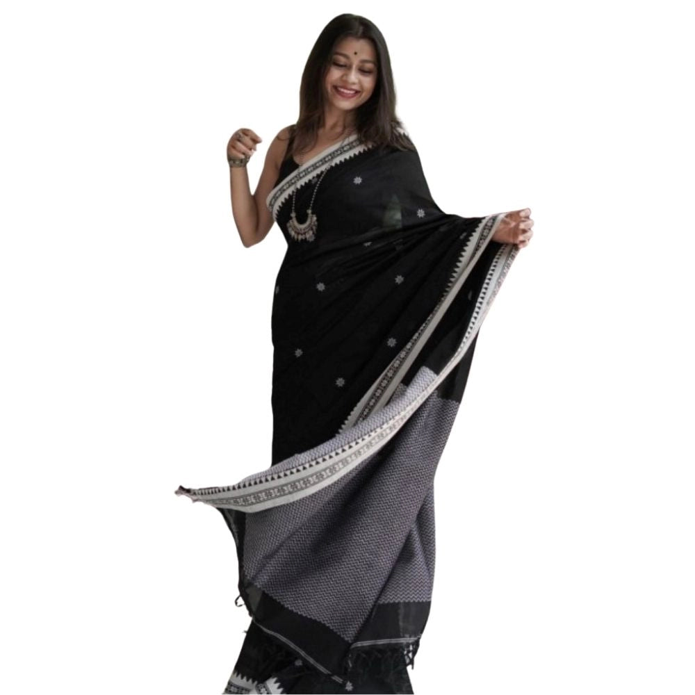 Women's Cotton Printed Saree With Unstitched Blouse 5.5Mtr (Black) - VANSHELLE