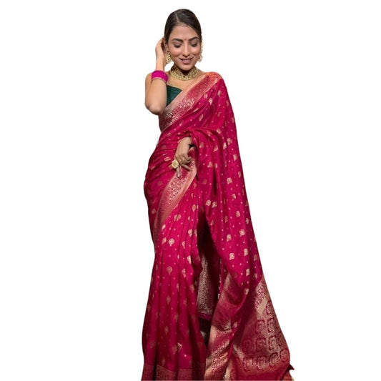 Women's Silk Printed Saree With Unstitched Blouse 5.5Mtr (Rani Pink) - VANSHELLE