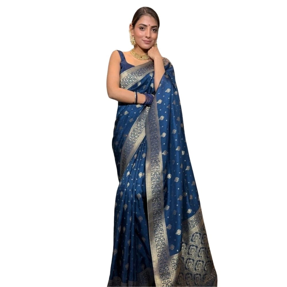 Women's Silk Printed Saree With Unstitched Blouse 5.5Mtr (Rama) - VANSHELLE