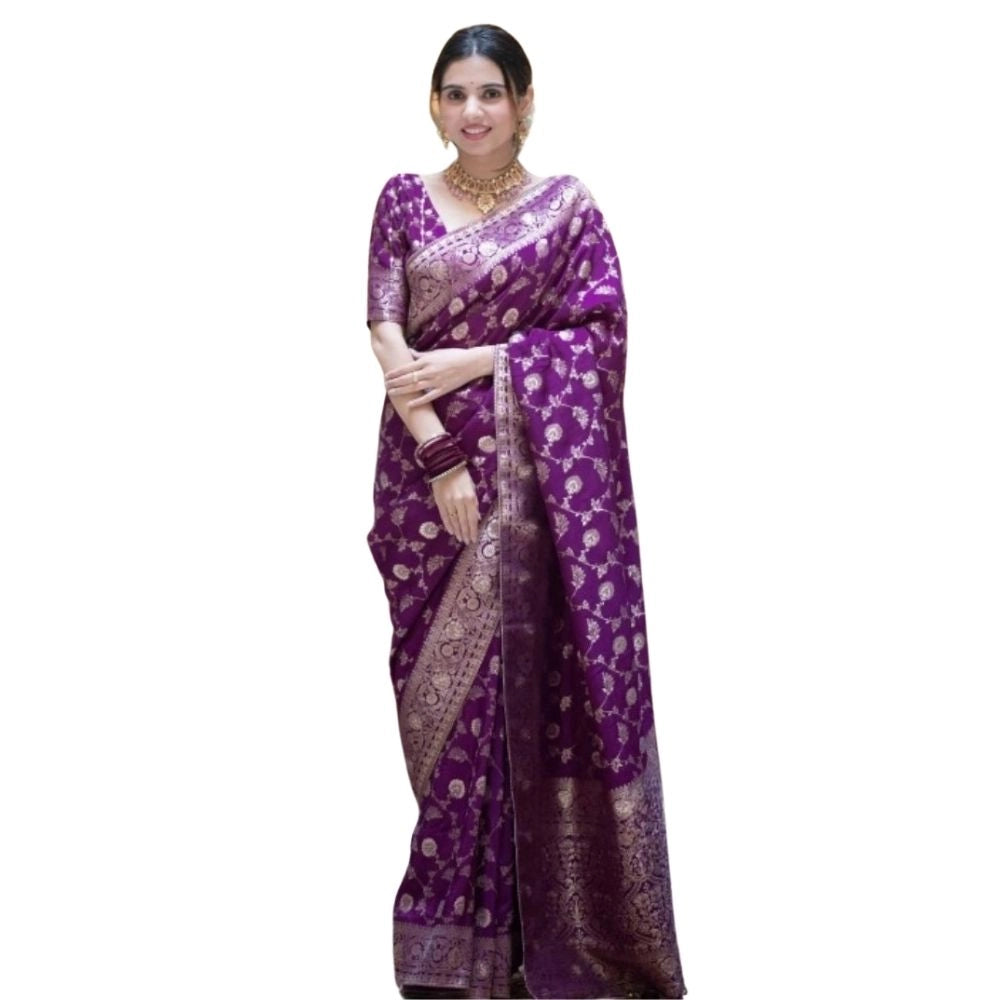 Women's Silk Printed Saree With Unstitched Blouse 5.5Mtr (Purple) - VANSHELLE