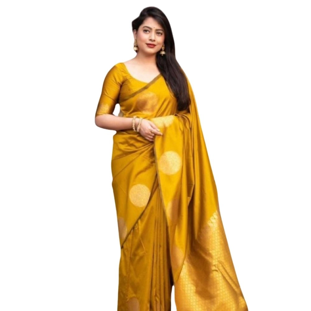Women's Silk Printed Saree With Unstitched Blouse 5.5Mtr (Yellow) - VANSHELLE