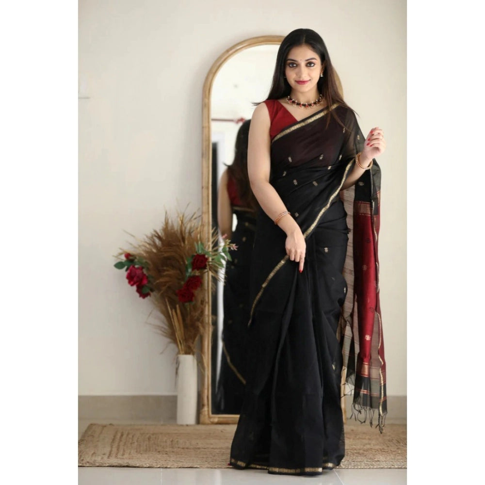 Women's Cotton Printed Saree With Unstitched Blouse 5.5Mtr (Black) - VANSHELLE