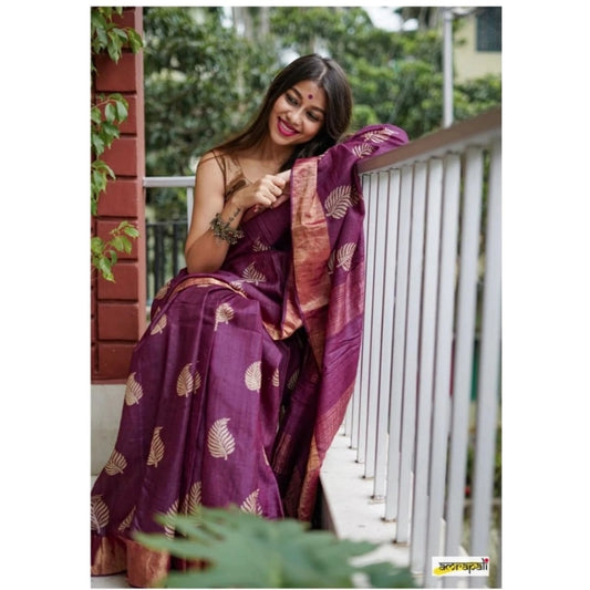 Women's Silk Printed Saree With Unstitched Blouse 5.5Mtr (Purple) - VANSHELLE