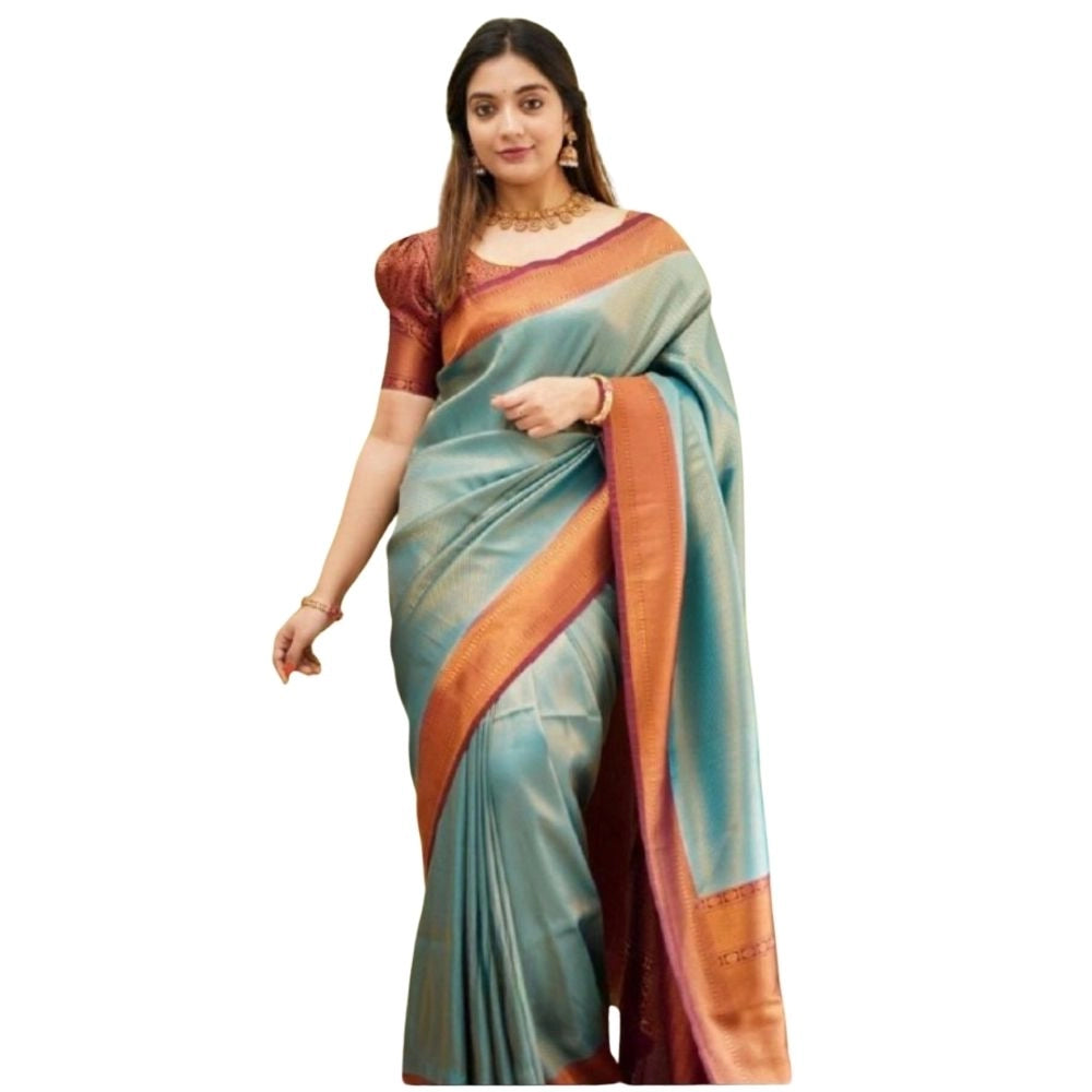 Women's Silk Printed Saree With Unstitched Blouse 5.5Mtr (Rama) - VANSHELLE