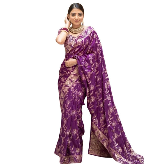 Women's Silk Printed Saree With Unstitched Blouse 5.5Mtr (Purple) - VANSHELLE