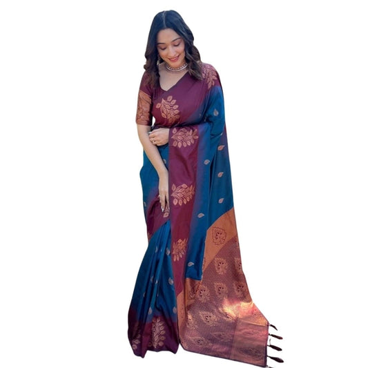 Women's Silk Printed Saree With Unstitched Blouse 5.5Mtr (Blue) - VANSHELLE