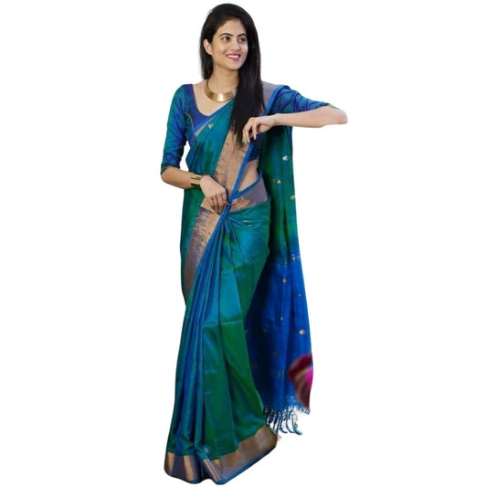 Women's Silk Printed Saree With Unstitched Blouse 5.5Mtr (Blue) - VANSHELLE