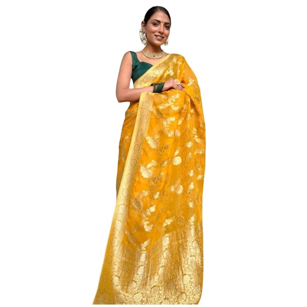Women'S Silk Printed Saree With Unstitched Blouse 5.5Mtr (Gold