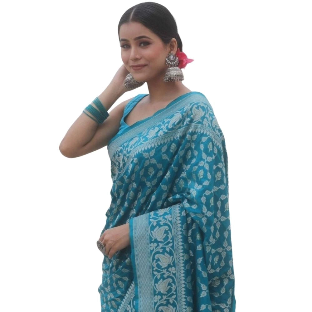 Women's Silk Printed Saree With Unstitched Blouse 5.5Mtr (Sky Blue) - VANSHELLE