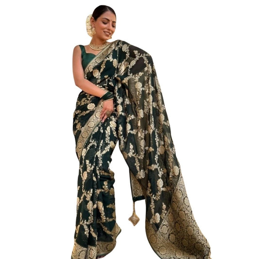 Women's Silk Printed Saree With Unstitched Blouse 5.5Mtr (Dark Green) - VANSHELLE