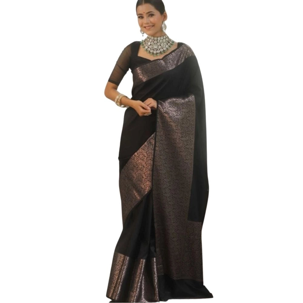 Women's Silk Printed Saree With Unstitched Blouse 5.5Mtr (Black) - VANSHELLE
