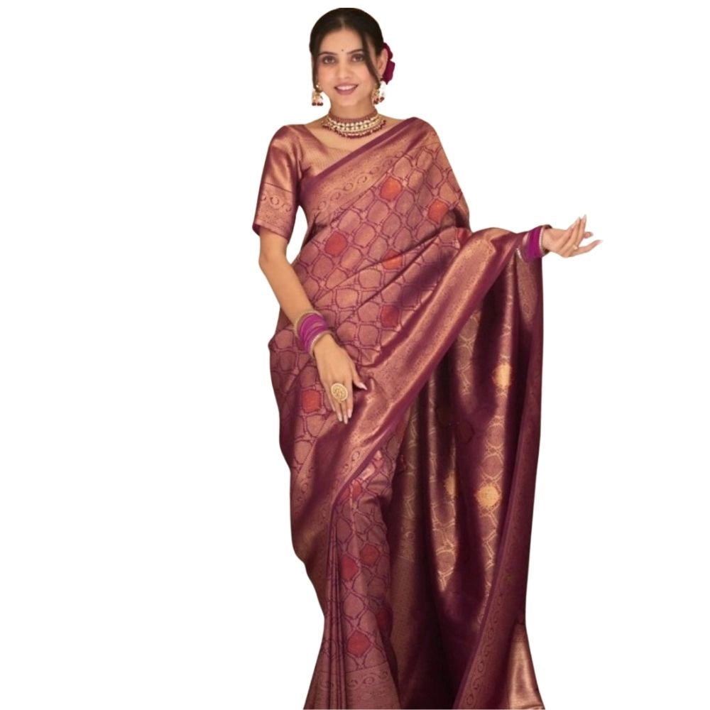 Women's Silk Printed Saree With Unstitched Blouse 5.5Mtr (Wine) - VANSHELLE