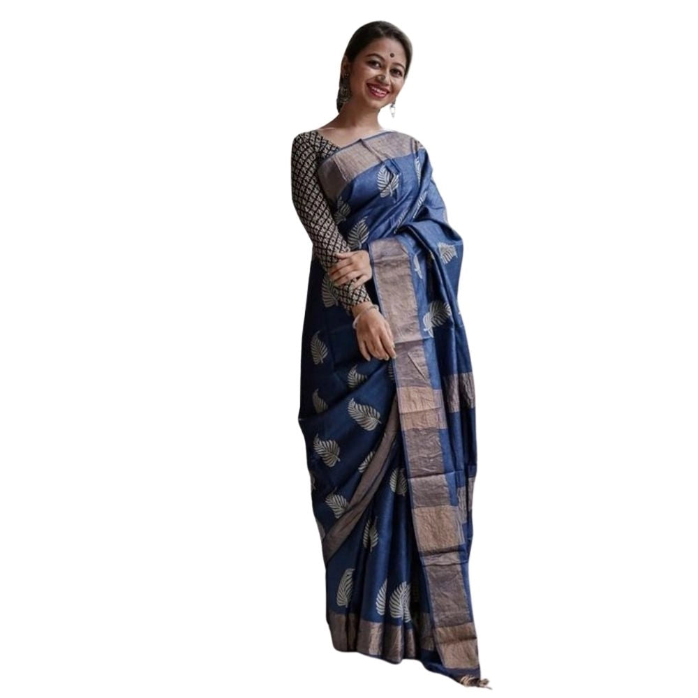Women's Silk Printed Saree With Unstitched Blouse 5.5Mtr (Navy Blue) - VANSHELLE