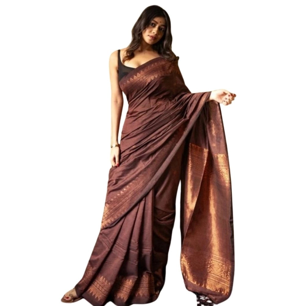 Women'S Silk Printed Saree With Unstitched Blouse 5.5Mtr (Coff