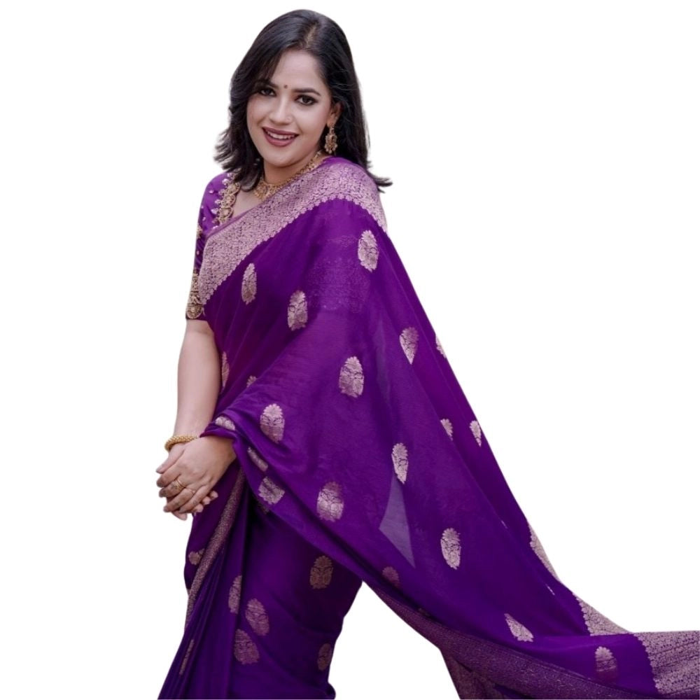 Women's Silk Printed Saree With Unstitched Blouse 5.5Mtr (Purple) - VANSHELLE