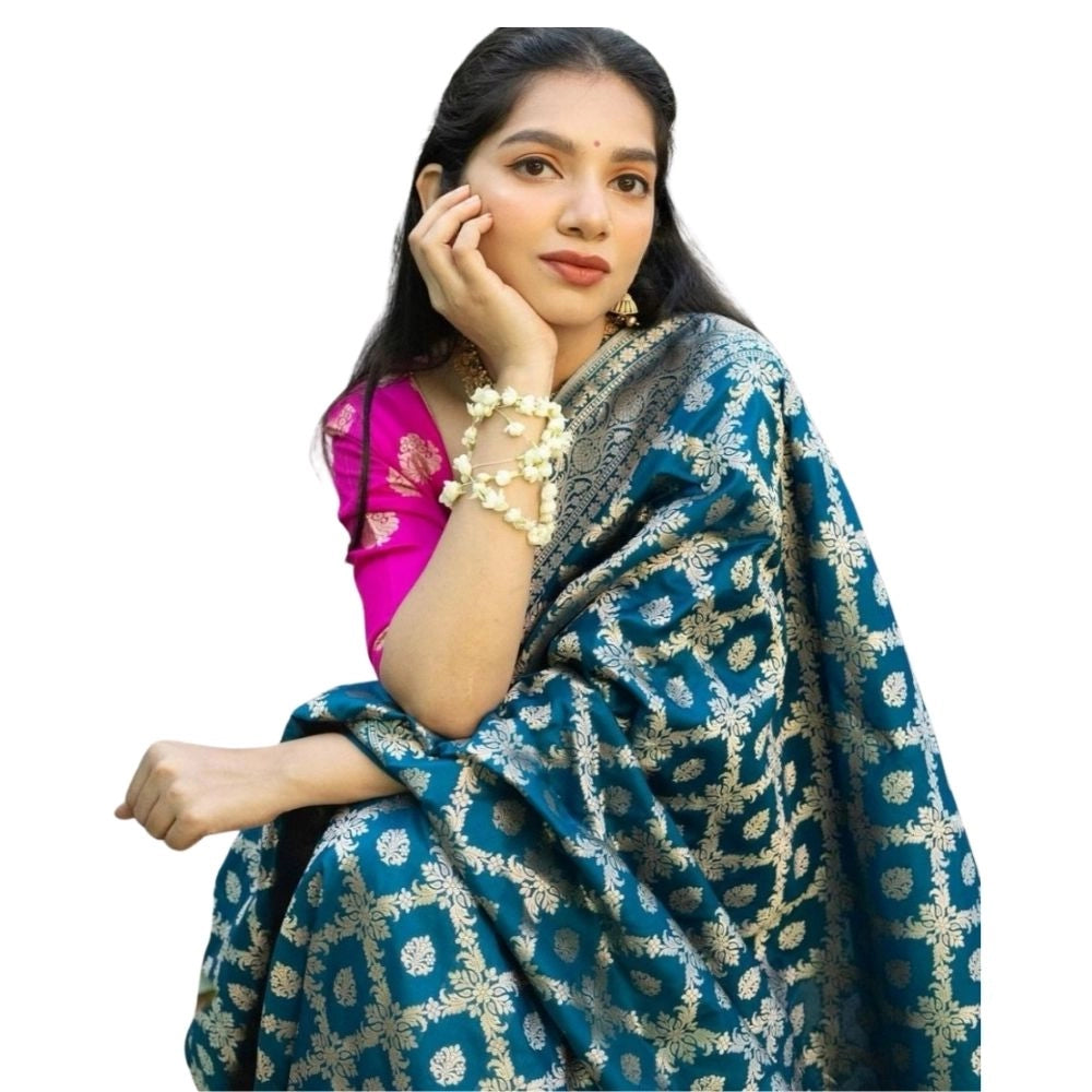 Women's Silk Printed Saree With Unstitched Blouse 5.5Mtr (Sky Blue) - VANSHELLE