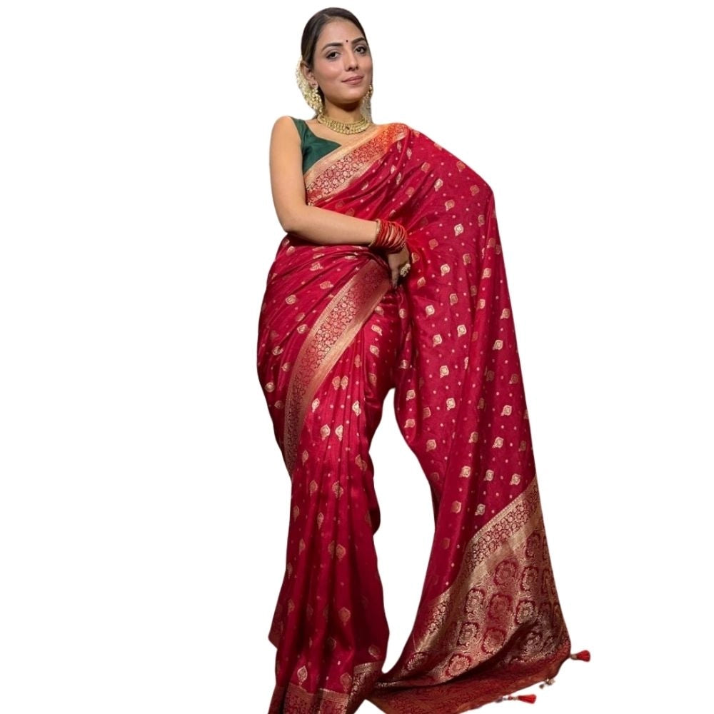 Women's Silk Printed Saree With Unstitched Blouse 5.5Mtr (Red) - VANSHELLE