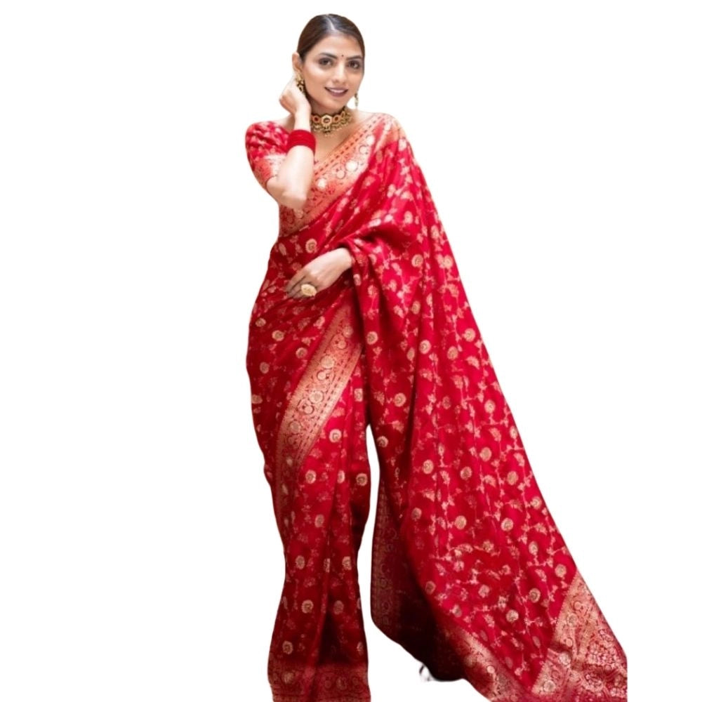 Women's Silk Printed Saree With Unstitched Blouse 5.5Mtr (Red) - VANSHELLE