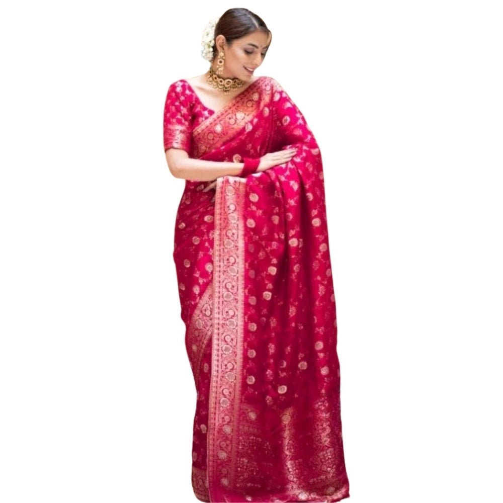 Women's Silk Printed Saree With Unstitched Blouse 5.5Mtr (Rani Pink) - VANSHELLE
