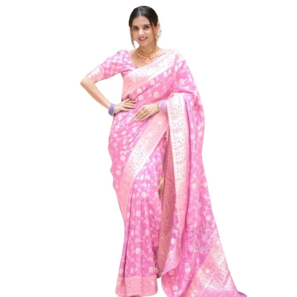 Women's Silk Printed Saree With Unstitched Blouse 5.5Mtr (Pink) - VANSHELLE