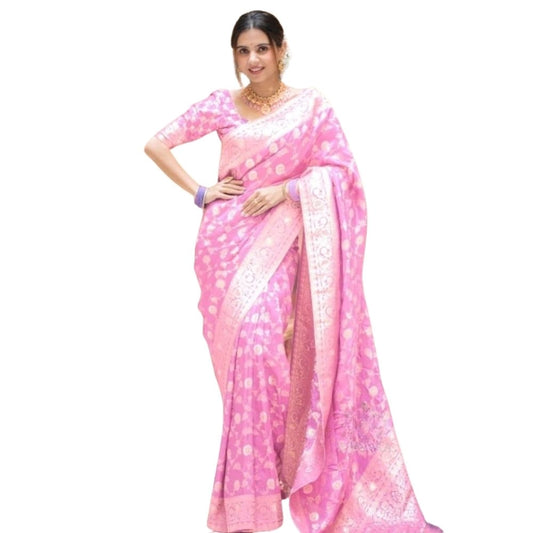 Women's Silk Printed Saree With Unstitched Blouse 5.5Mtr (Pink) - VANSHELLE