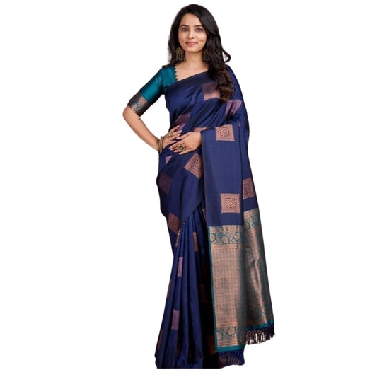 Women's Silk Printed Saree With Unstitched Blouse 5.5Mtr (Navy Blue) - VANSHELLE