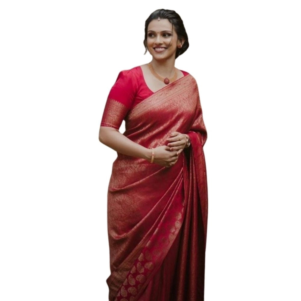 Women's Silk Printed Saree With Unstitched Blouse 5.5Mtr (Red) - VANSHELLE