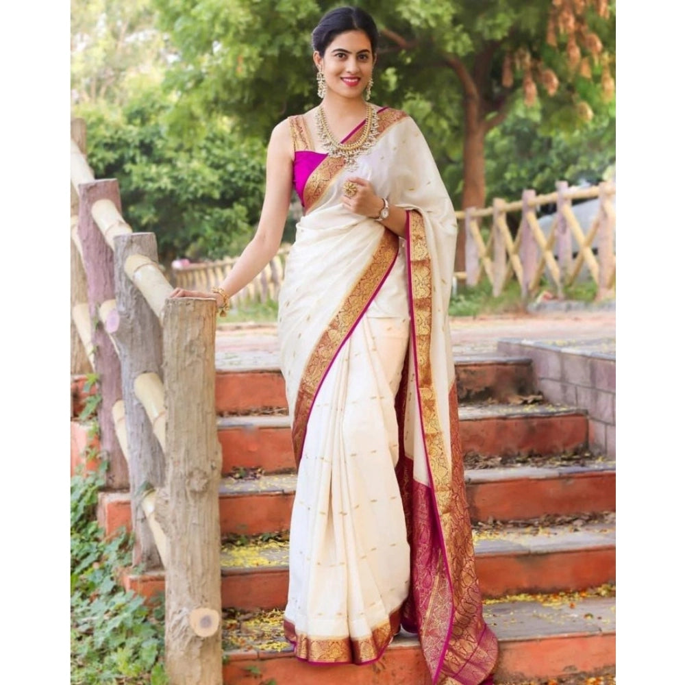 Women'S Silk Printed Saree With Unstitched Blouse 5.5Mtr (Whit