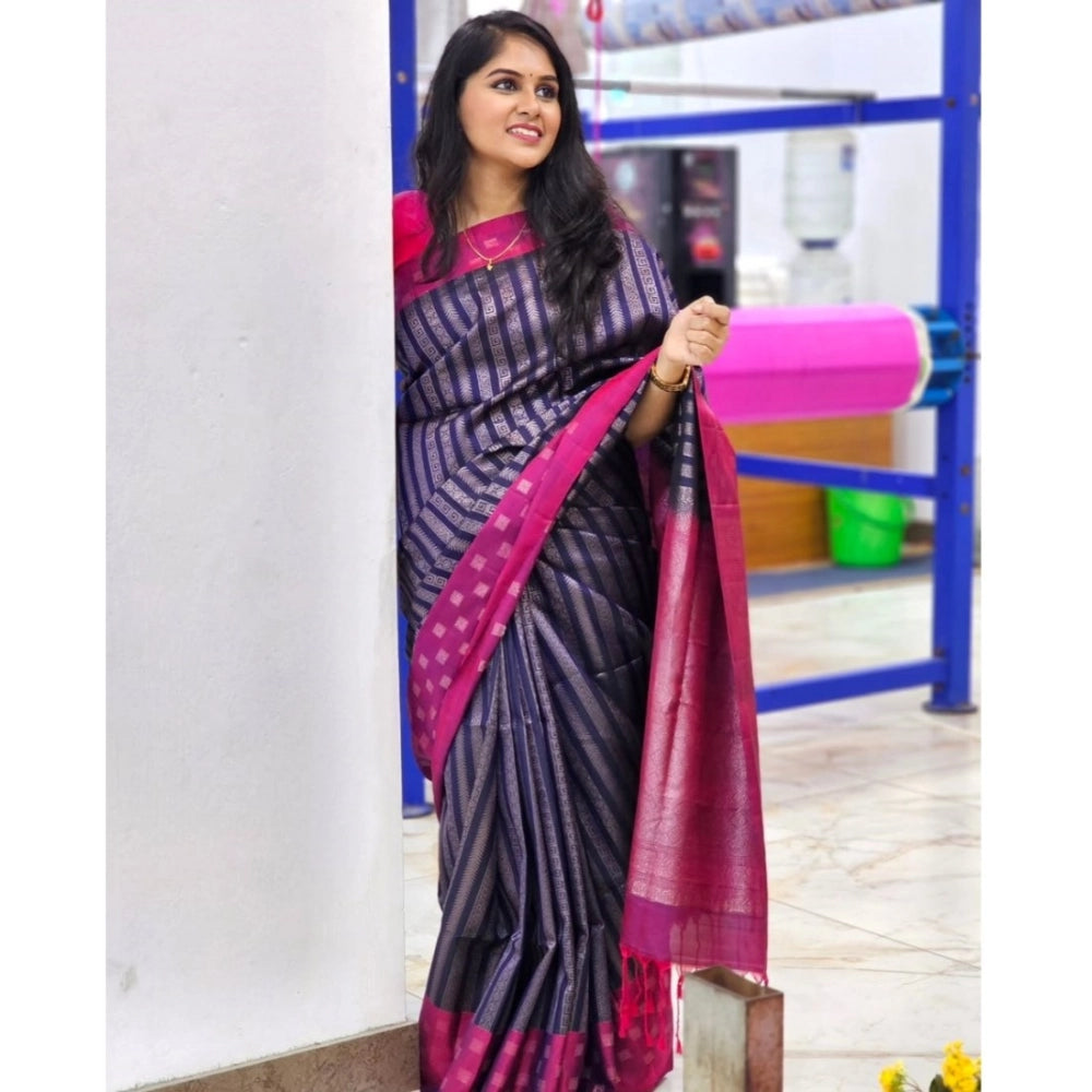 Women's Silk Printed Saree With Unstitched Blouse 5.5Mtr (Navy Blue) - VANSHELLE