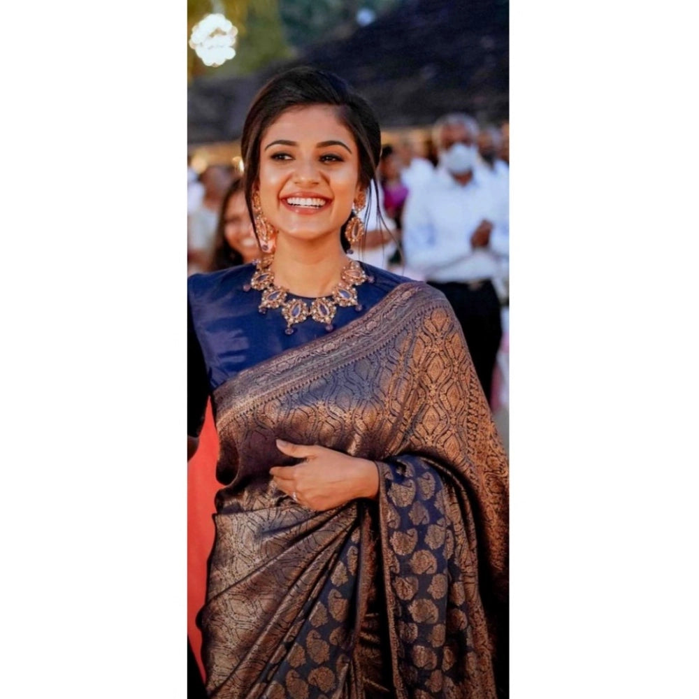 Women's Silk Printed Saree With Unstitched Blouse 5.5Mtr (Blue) - VANSHELLE